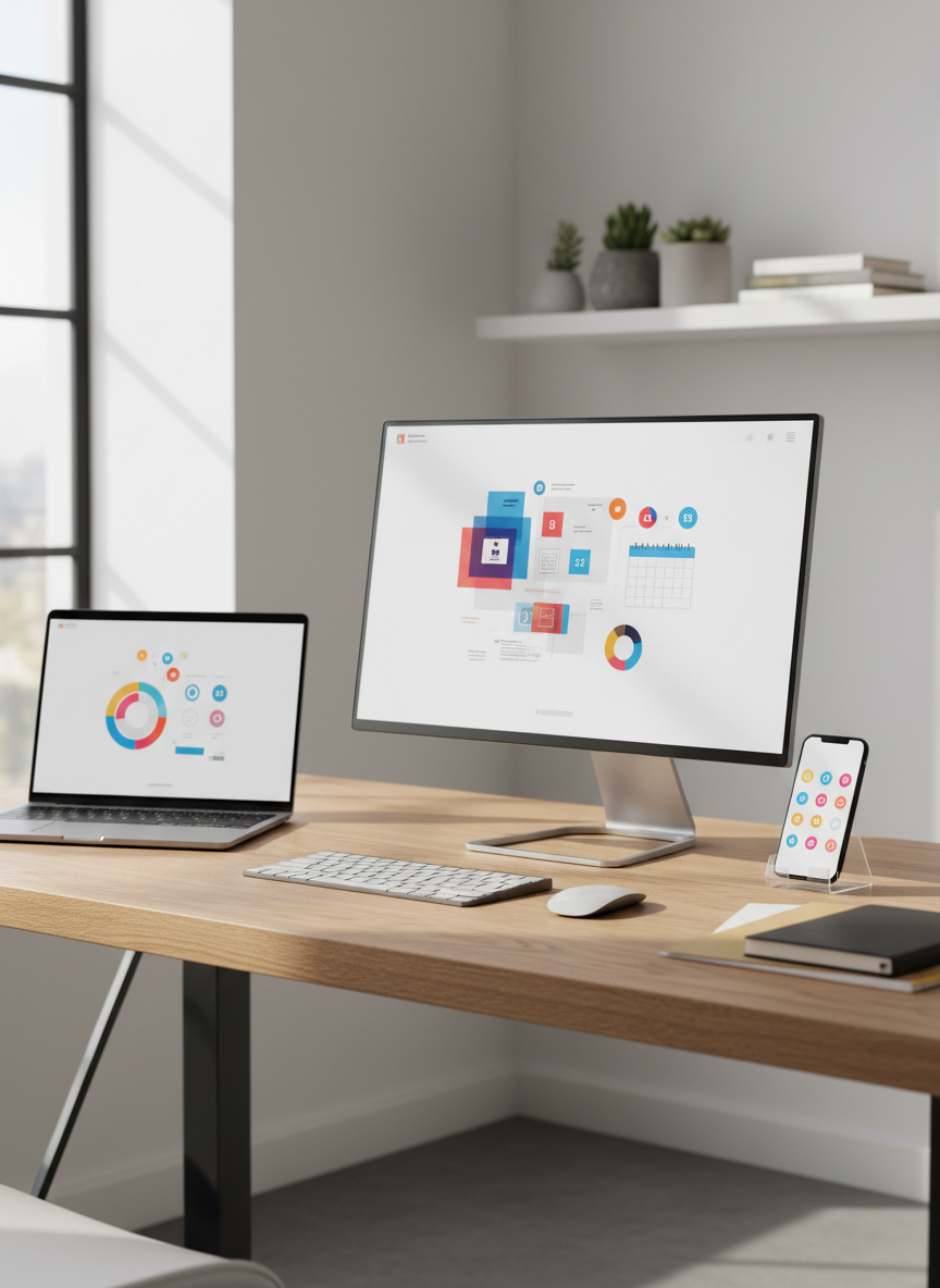 A sleek, modern home office desk made of light oak wood with a subtle grain texture, supporting a large, thin-bezel monitor displaying an abstract dashboard of charts, calendar blocks, and notification icons, all rendered without readable text. An open laptop, wireless keyboard, and neatly stacked folders suggest organized business support. A smartphone on a stand shows colorful social icons as simple shapes. Soft daylight from a nearby window casts gentle, natural shadows. Photographic realism at eye level with a clean, minimalist U.S. small business aesthetic, shallow depth of field, and a calm, professional mood emphasizing clarity and efficiency.