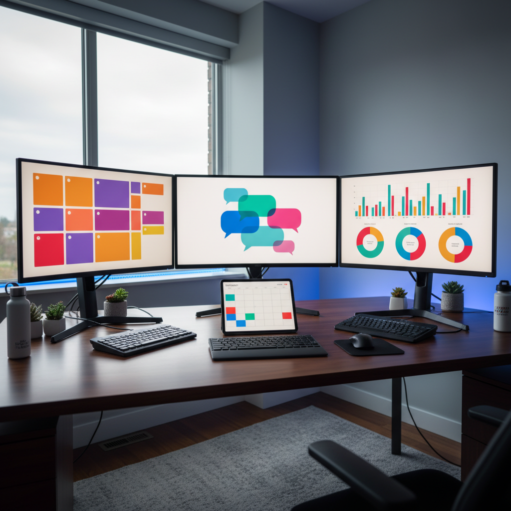 A bright, organized social media command center for a growing U.S. small business, with three ultra-thin monitors arranged in a gentle curve on a dark walnut desk. Each screen displays colorful grids of image thumbnails, message bubbles, and engagement charts designed without readable text or real logos. A tablet on the desk shows a content calendar as colored blocks. Ambient LED strip lighting along the back edge of the desk adds a subtle blue accent, blending with soft overcast daylight from a nearby window. Photographic realism, shot from a wide-angle perspective with balanced depth of field, creating an energetic yet controlled atmosphere of strategic online presence management.