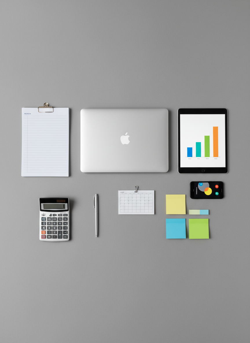 An overhead, flat-lay composition of carefully arranged business support tools on a smooth, medium-gray background: a closed silver laptop, a tablet displaying a simplified bar chart, a smartphone showing colored notification dots, a stack of tidy invoices, a slim calculator, and color-coded sticky notes aligned in a grid. A small card-sized planner sits nearby with a visible monthly layout made of simple boxes without text. Soft, diffused studio lighting eliminates harsh shadows, creating a clean, balanced photographic look. The mood is organized and methodical, representing integrated services like accounting, social media coordination, and administrative support for U.S. small to mid-sized businesses.