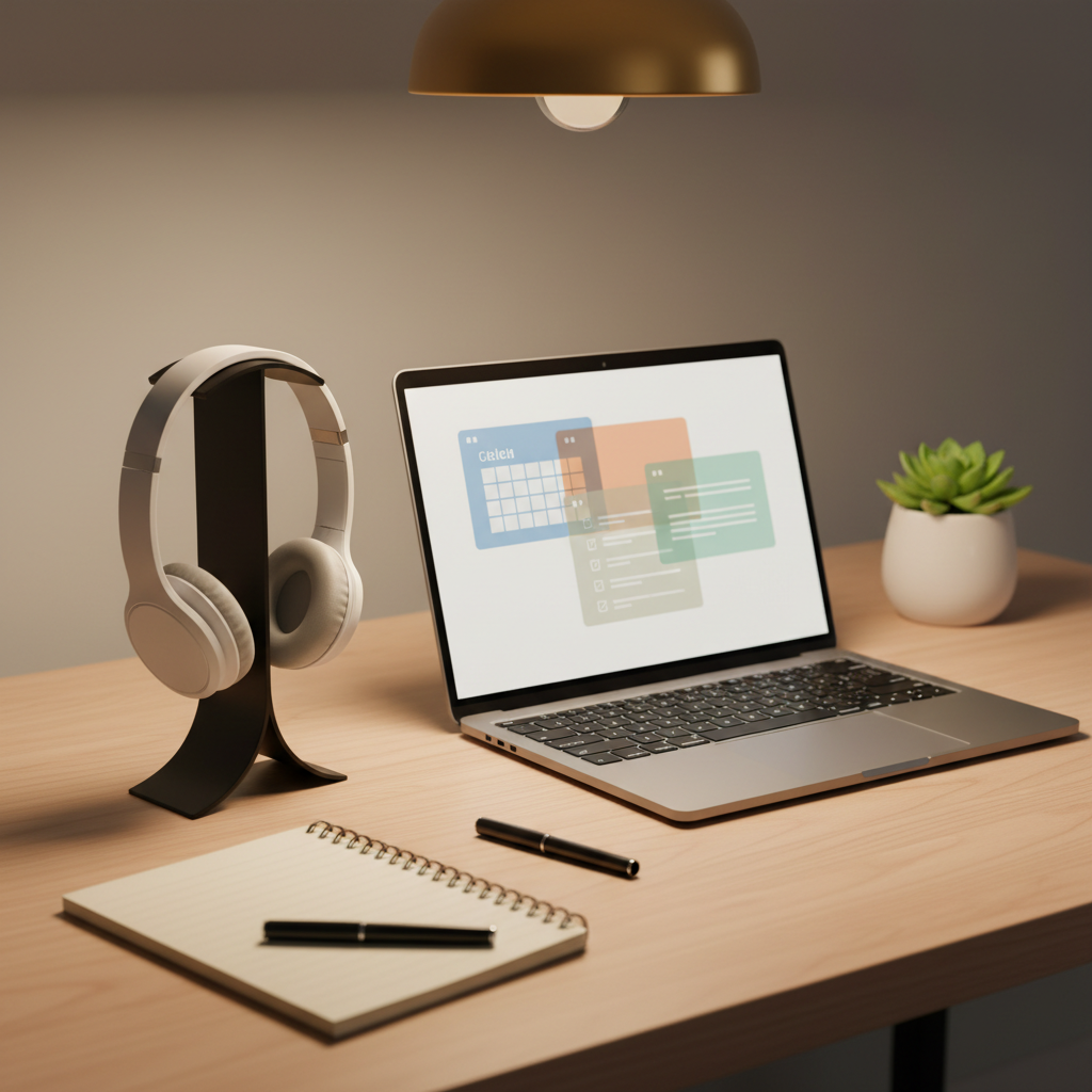 A minimalist virtual assistant workspace featuring a slim laptop on a clean maple desk, accompanied by a wireless headset resting on a simple metal stand and a notebook open to blank, lined pages with a neatly placed pen. On the laptop screen, an abstract interface shows overlapping windows of a calendar, task list, and email-style messages, all symbolized without legible text. A small, thriving desk plant adds a touch of green. Soft, warm pendant lighting from above creates a cozy, focused glow with gentle shadows. Photographic realism at a slightly angled close-up, with a quiet, supportive mood that emphasizes dependable remote assistance for busy professionals.