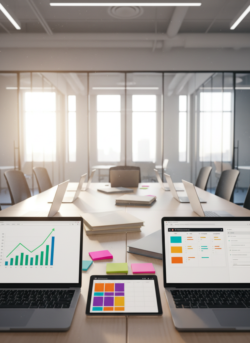 A conference table in a modern U.S. coworking-style office, but instead of people, several open laptops and tablets face each other as if in silent collaboration. Each screen shows different aspects of business support: abstract financial charts, a content calendar, a task board, and an email-style inbox, all without legible text. Colorful sticky notes and neatly stacked folders line the center of the table. Large windows in the background let in bright, natural daylight, reflecting off glass partitions. Photographic realism from a low, eye-level angle along the table’s surface, with a professional, collaborative mood that suggests a full-service business support team working together.