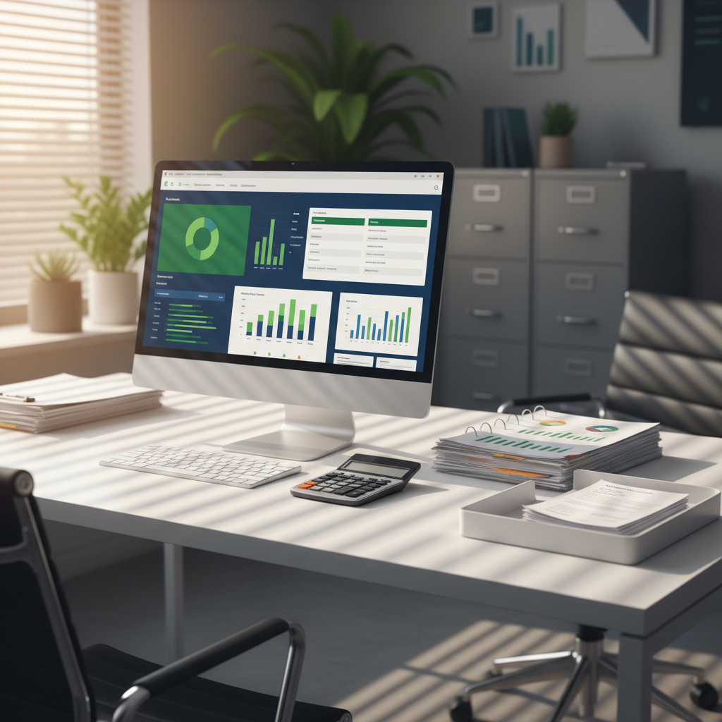 A polished white workstation in a contemporary U.S. small business office, featuring a large monitor showing a stylized accounting interface inspired by QuickBooks, with recognizable green and blue color accents but no logos or legible text. Beside it, a calculator, a neat stack of printed reports with colored graphs, and a tidy tray of invoices imply bookkeeping in progress. Natural afternoon light streams through venetian blinds, creating soft striped shadows across the desk surface. Shot from a slightly elevated angle in photographic realism, sharp focus on the workspace with a gently blurred background of filing cabinets and plants, conveying accuracy, reliability, and financial control.